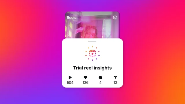 Instagram’s Trial Reels announcement artwork, with a sample insights card. Publisher illustration, not results from this site.