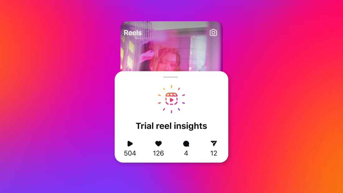 Instagram’s Trial Reels announcement artwork, with a sample insights card. Publisher illustration, not results from this site.