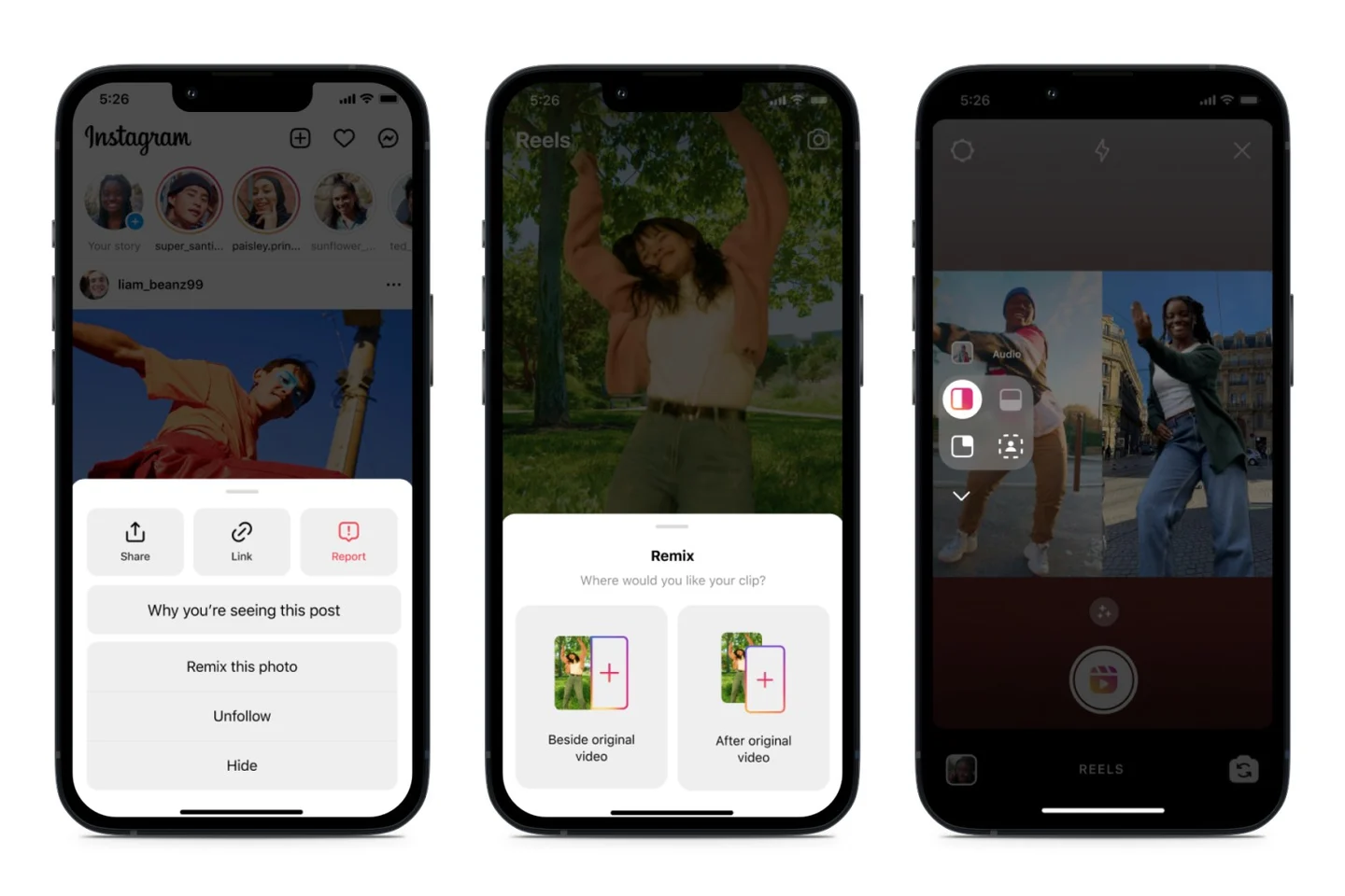 Meta’s 2022 Instagram Remix panel showing a photo-remix menu, beside/after-original choices and split-screen controls. Historical interface reference, not this site’s footage.