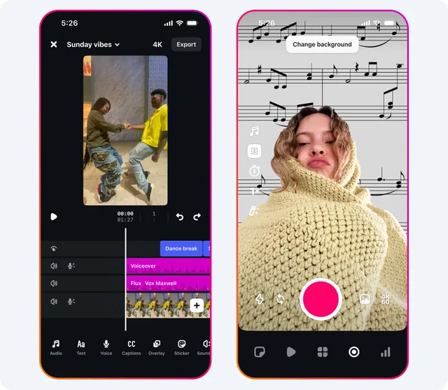 Meta’s launch panel showing a layered Edits timeline, text, voiceover and caption controls beside a background effect. Historical interface example, April 2025.